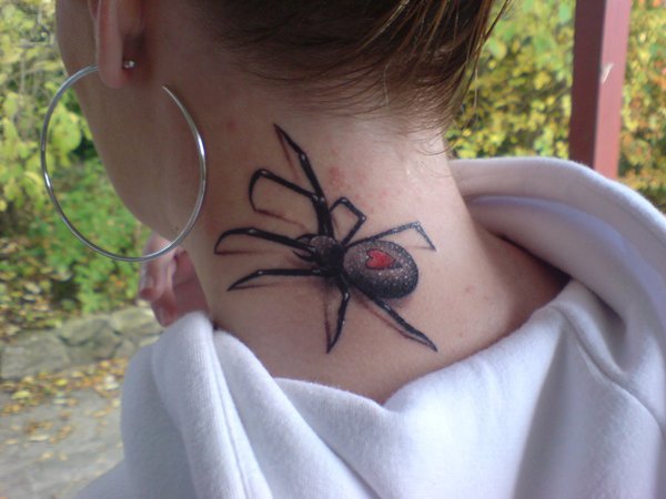 Back Neck Spider Tattoo Idea For Girls