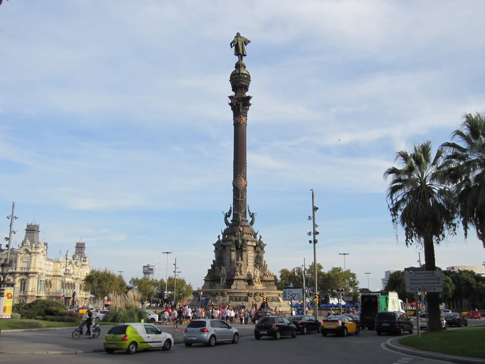 Back Side View Of The Columbus Monument In Barcelona