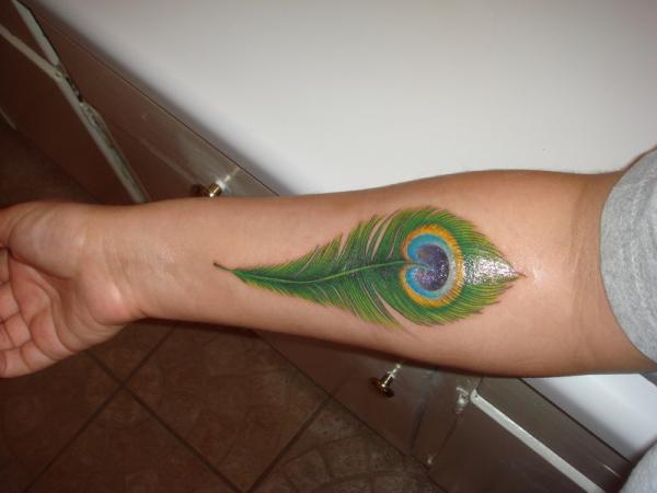 Beautiful Forearm Peacock Feather Tattoo