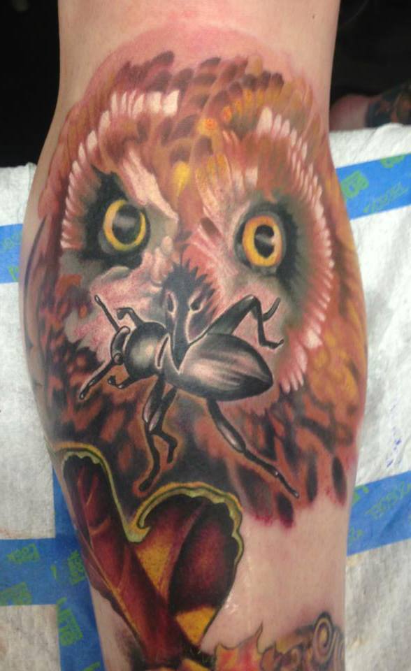 Beetle In Owl Beak Tattoo On Leg Calf By Fabz
