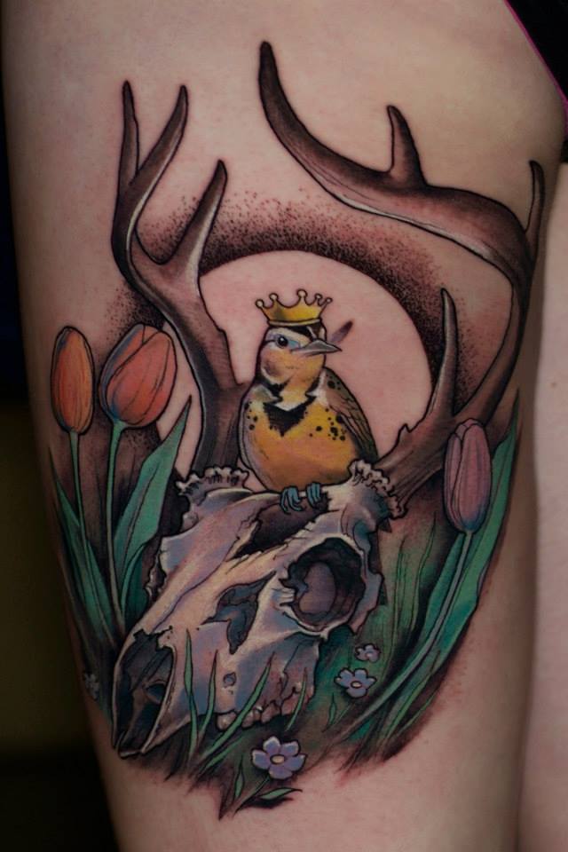 Bird On Deer Skull Tattoo Design For Thigh By Shawn Hebrank
