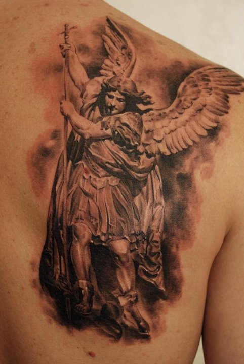 Black And Grey Angel Tattoo On Right Back Shoulder By Dmitriy Samohin