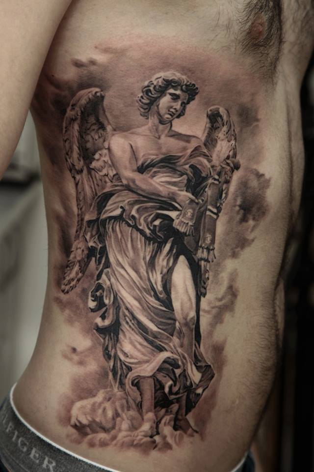 Black And Grey Angel Tattoo On Right Side Rib By Dmitriy Samohin