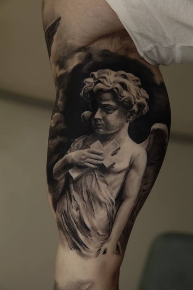 Black And Grey Angel With Cross Tattoo On Bicep By Dmitriy Samohin