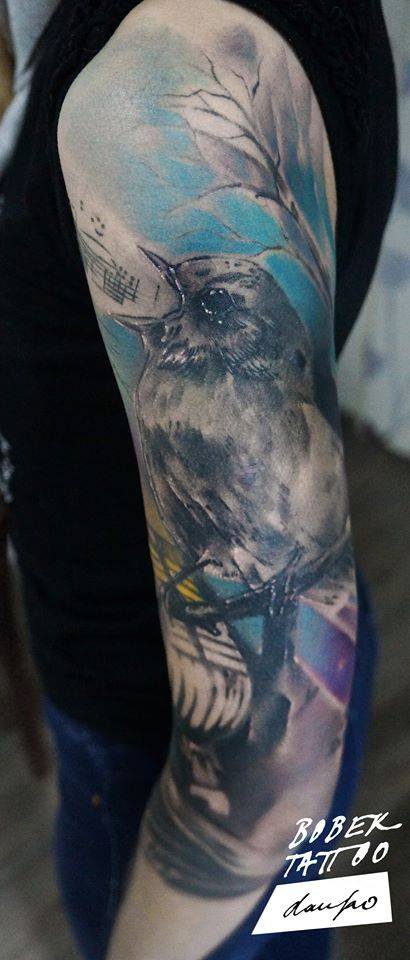 Black And Grey Bird On Branch Tattoo On Left Half Sleeve