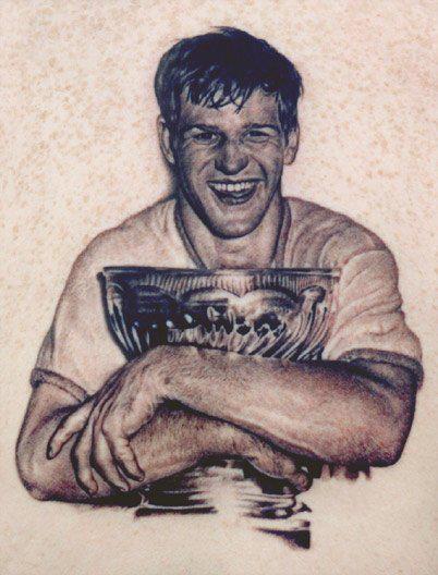 Black And Grey Bobby Orr With Trophy Portrait Tattoo Design By Tom Renshaw