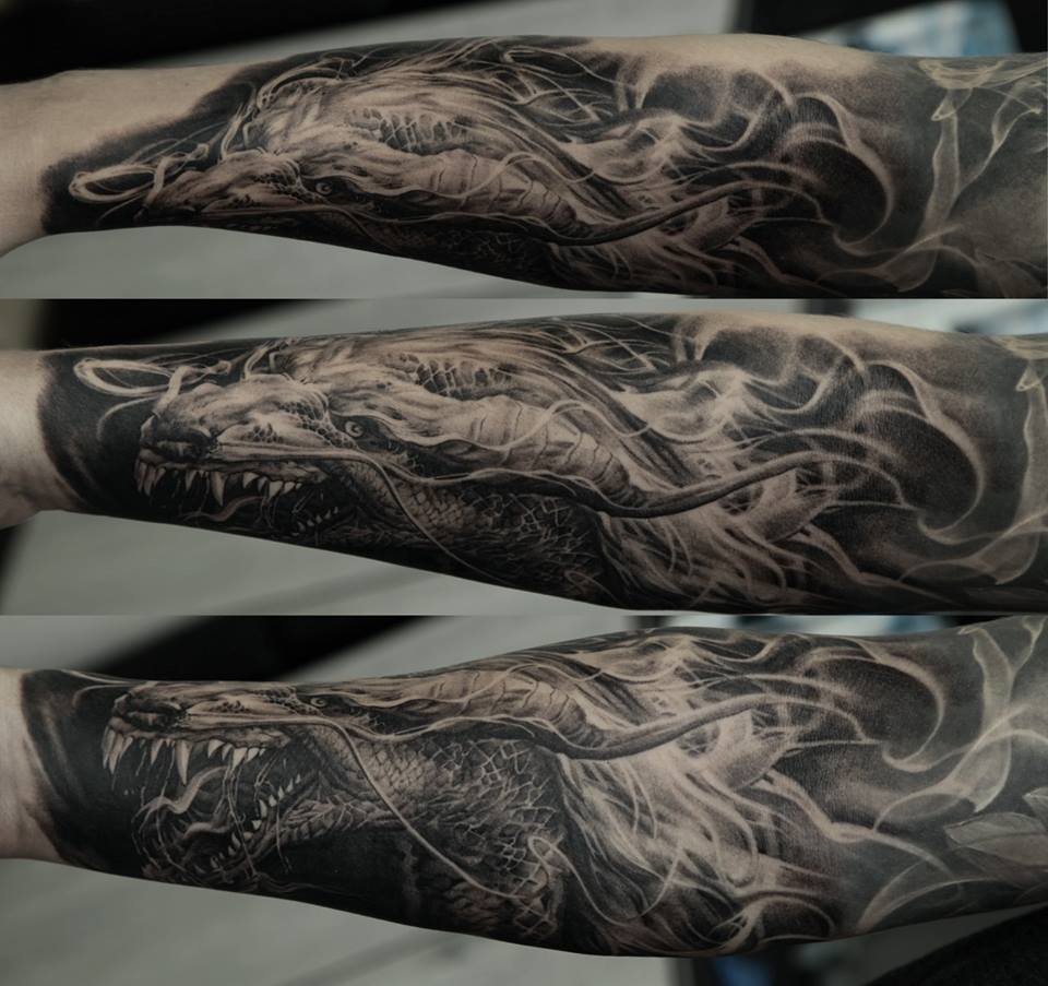 Black And Grey Dragon Tattoo On Left Arm By Dmitriy Samohin