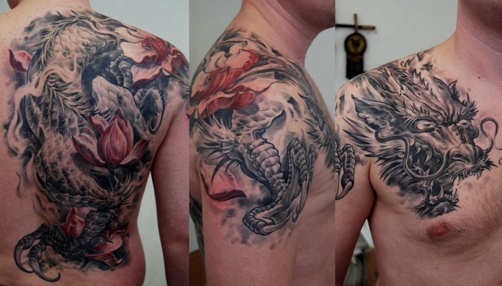 Black And Grey Dragon Tattoo On Man Right Shoulder By Dmitriy Samohin