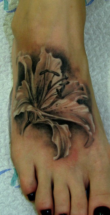 Black And Grey Flower Tattoo On Girl Right Foot By Dmitriy Samohin