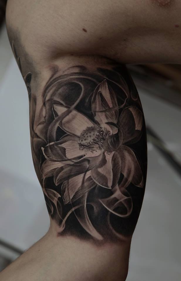 Black And Grey Flower Tattoo On Right Bicep By Dmitriy Samohin