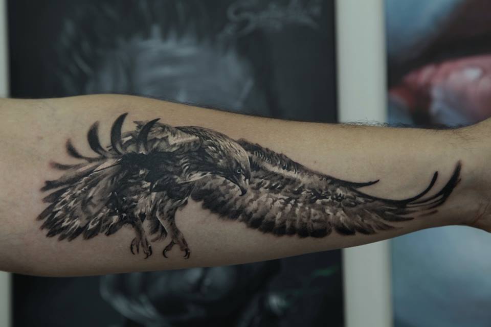 Black And Grey Flying Bird Tattoo On Sleeve By Dmitriy Samohin