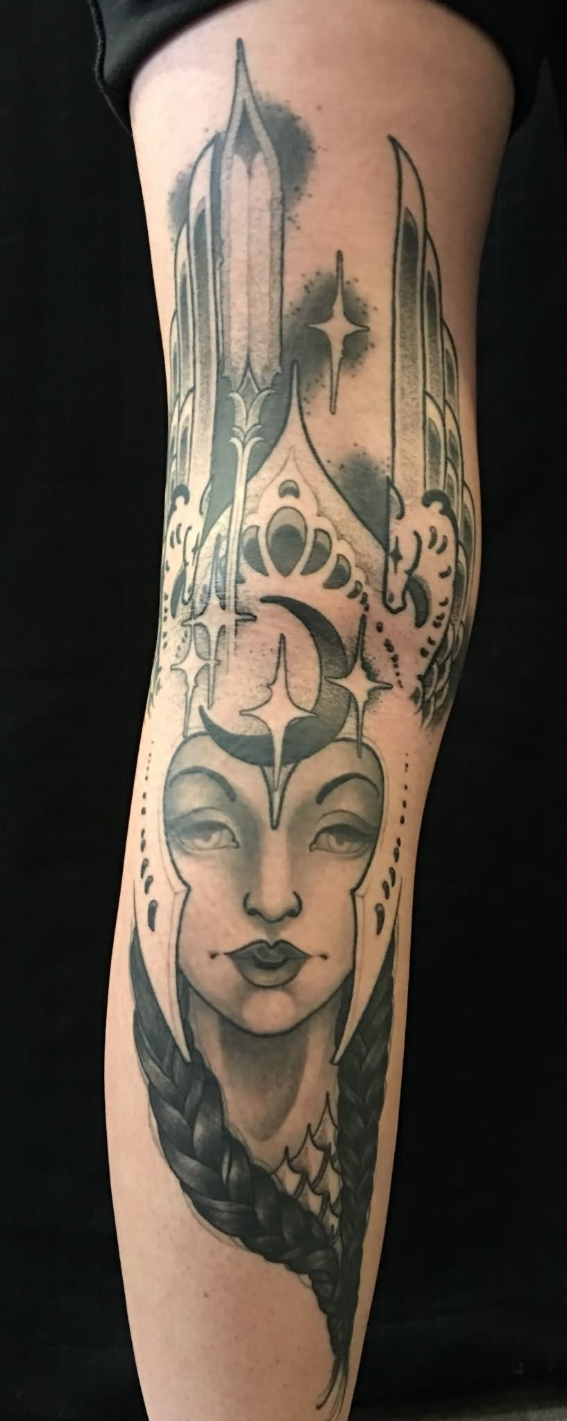Black And Grey Girl Face Tattoo On Right Leg By Ben Merrell