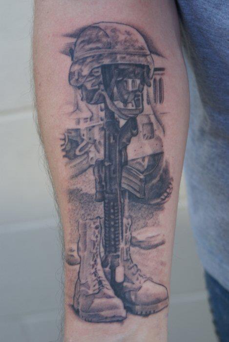 Black And Grey Military Memorial Tattoo On Right Forearm
