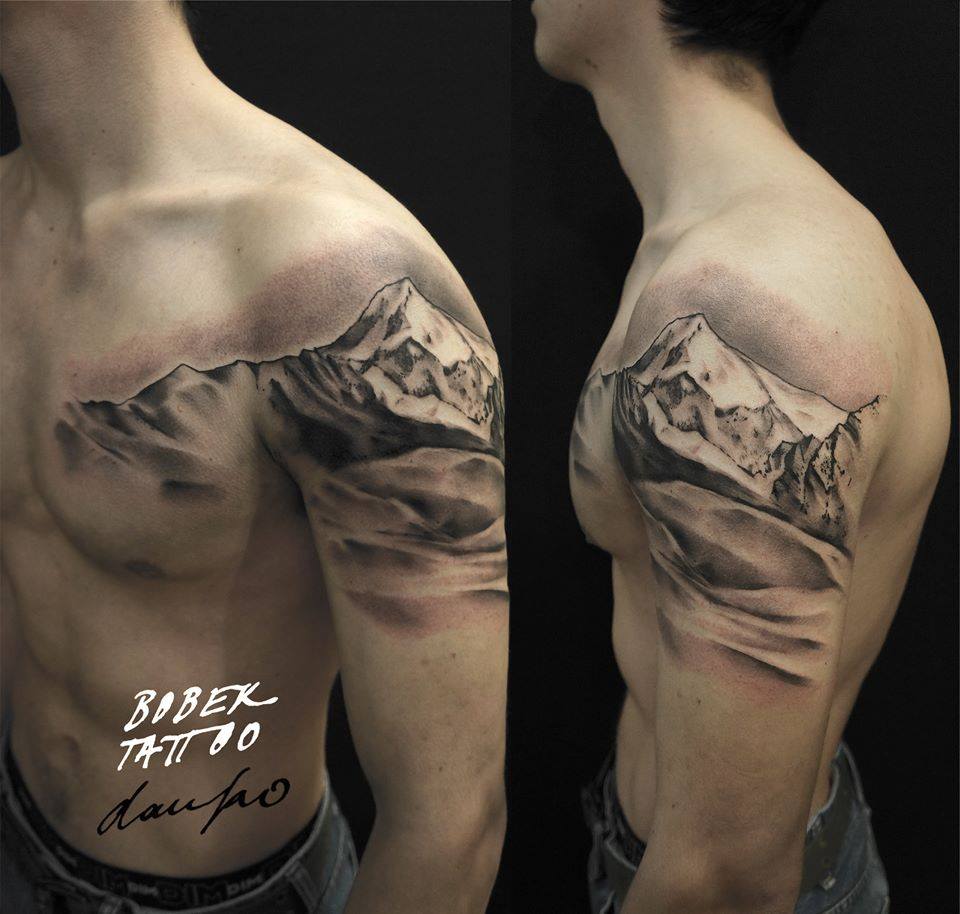 Black And Grey Mountains Tattoo On Man Left Half Sleeve