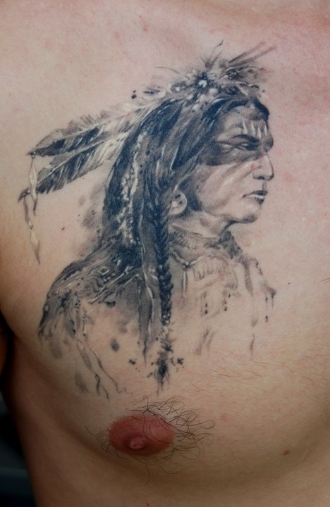 Black And Grey Native Man Tattoo On Right Chest