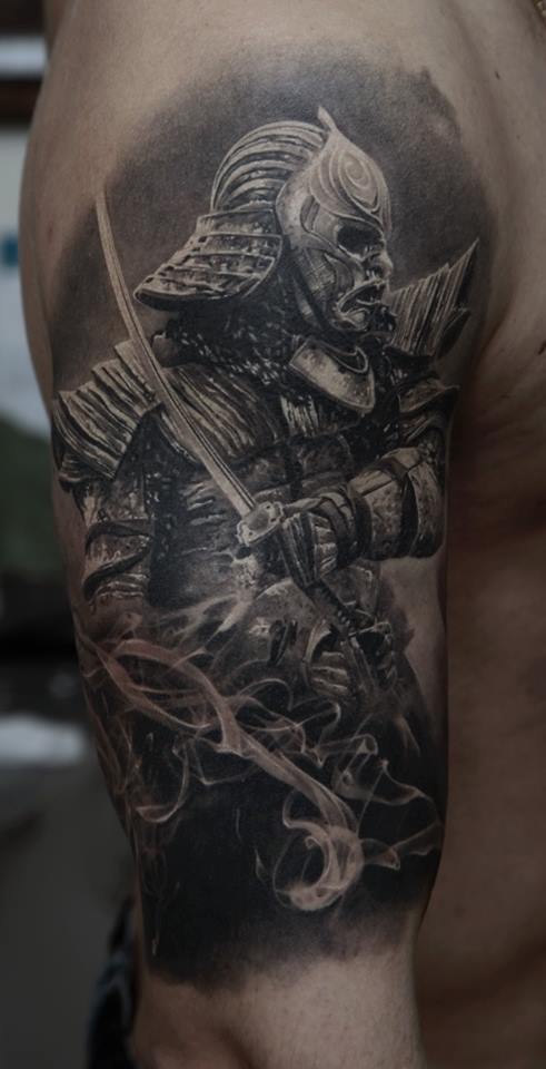 Black And Grey Samurai Tattoo On Right Half Sleeve