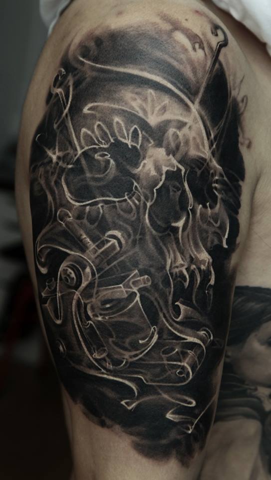 Black And Grey Skull Tattoo On Right Half Sleeve By Dmitriy Samohin