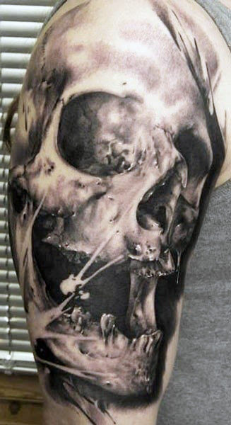 Black And Grey Skull Tattoo On Right Half Sleeve