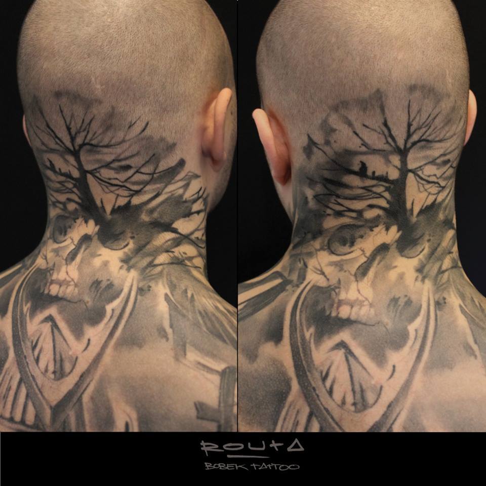 Black And Grey Skull With Tree Tattoo On Man Back Neck