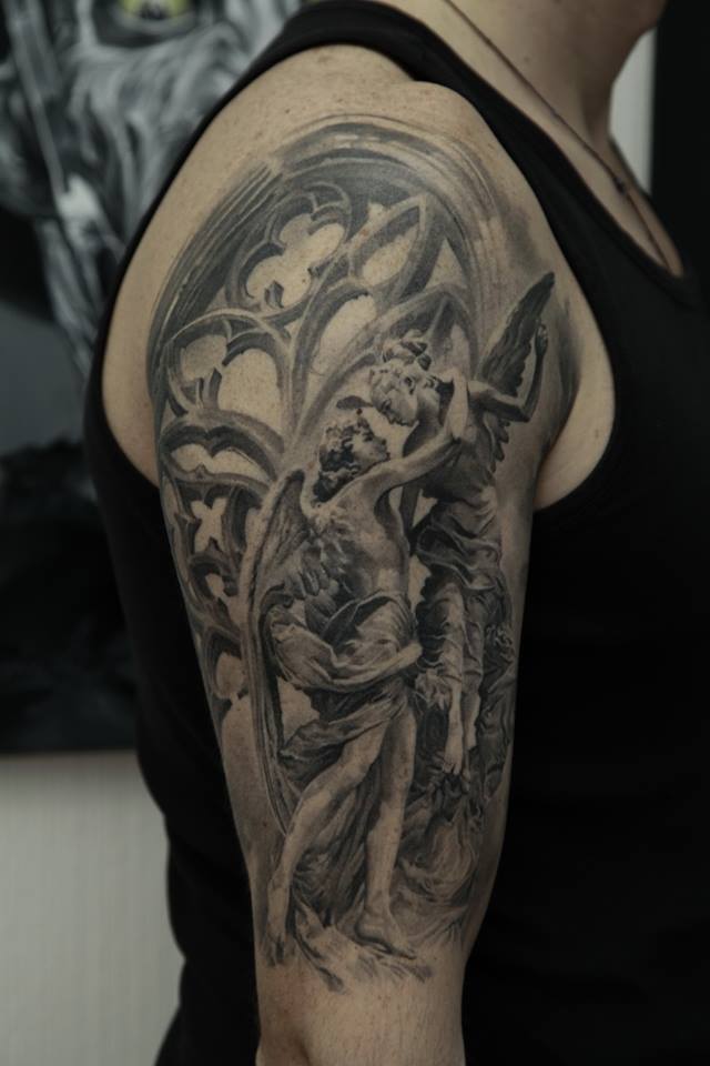 Black And Grey Two Angels Tattoo On Right Half Sleeve By Dmitriy Samohin