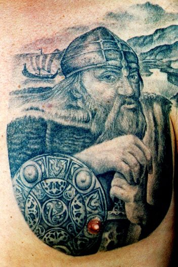 Black And Grey Viking Warrior Tattoo On Left Chest