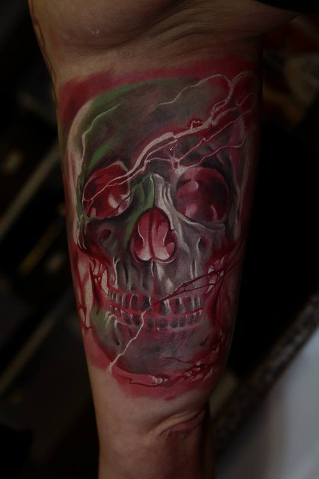 Black And Red Skull Tattoo On Half Sleeve By Dmitriy Samohin
