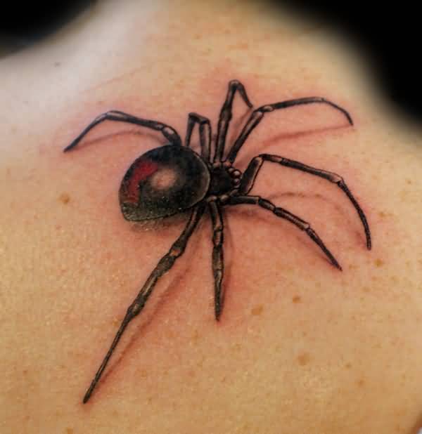 Black And Red Spider Tattoo On Upper Back