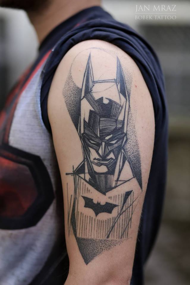 Black Ink Abstract Batman Tattoo On Man Left Half Sleeve