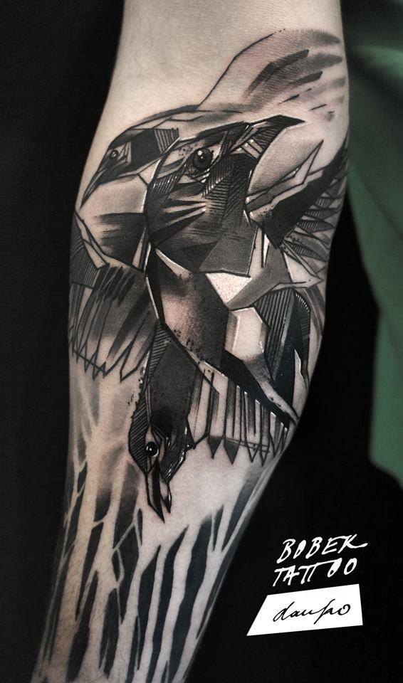 Black Ink Abstract Crow Tattoo On Forearm By Dan Ko