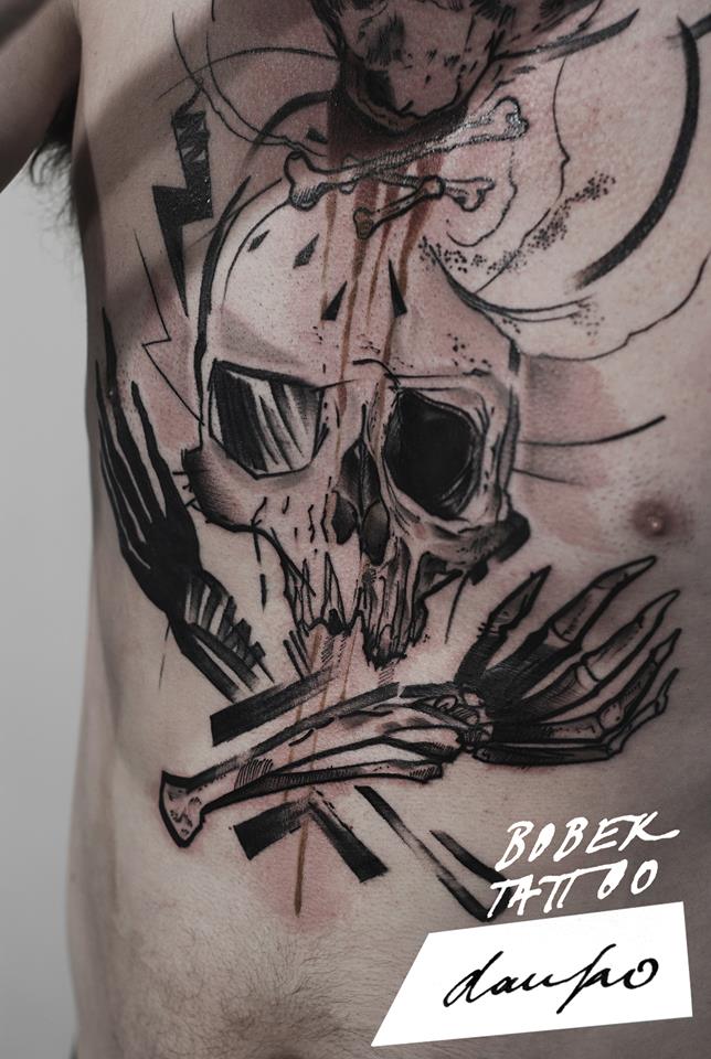Black Ink Abstract Danger Skull Tattoo On Man Chest