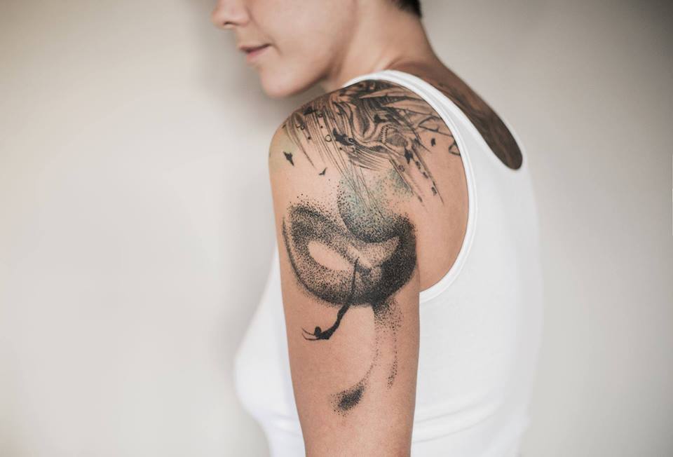 Black Ink Abstract Flying Birds Tattoo On Women Left Shoulder