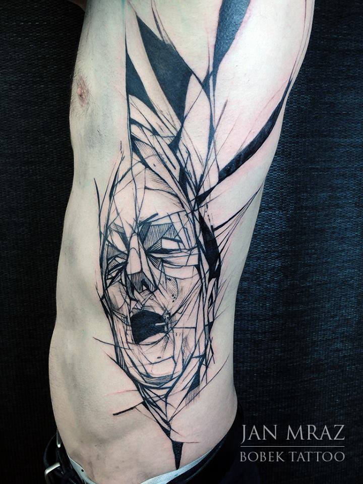 Black Ink Abstract Man Face Tattoo On Left Side Rib By Jan Mraz