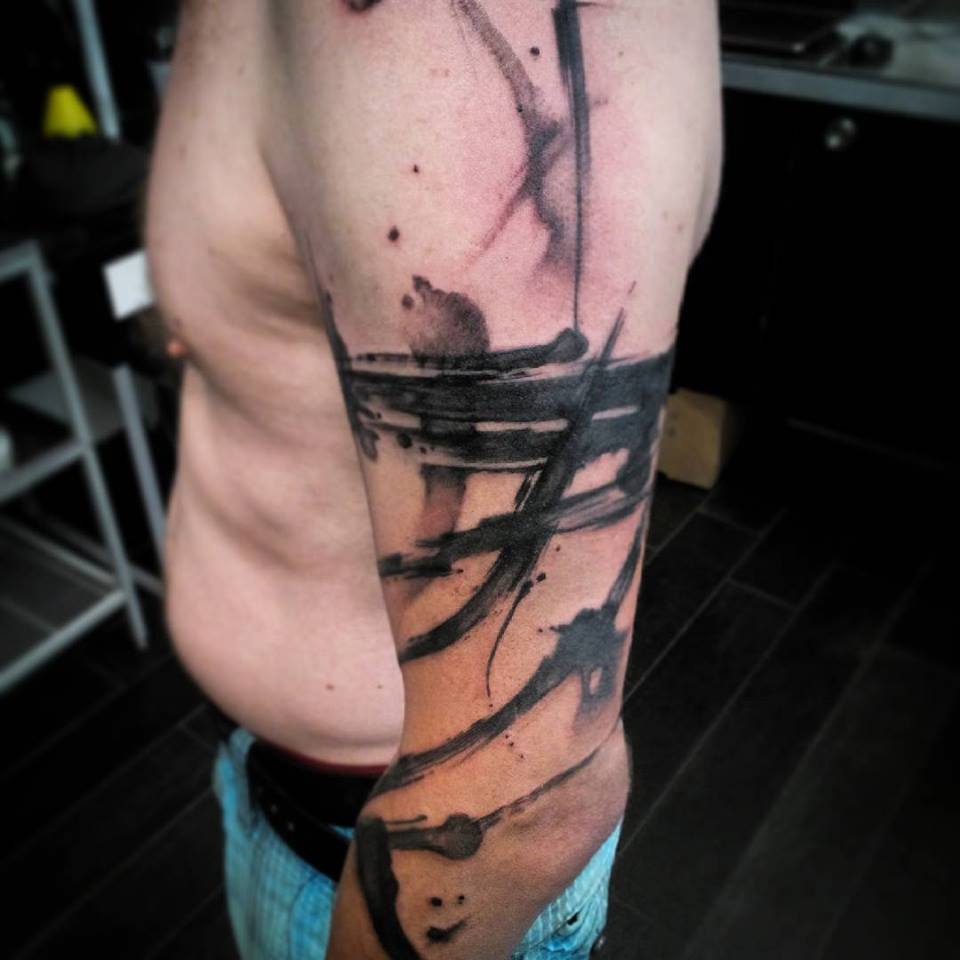 Black Ink Abstract Tattoo On Man Left Half Sleeve By Dodo Deer
