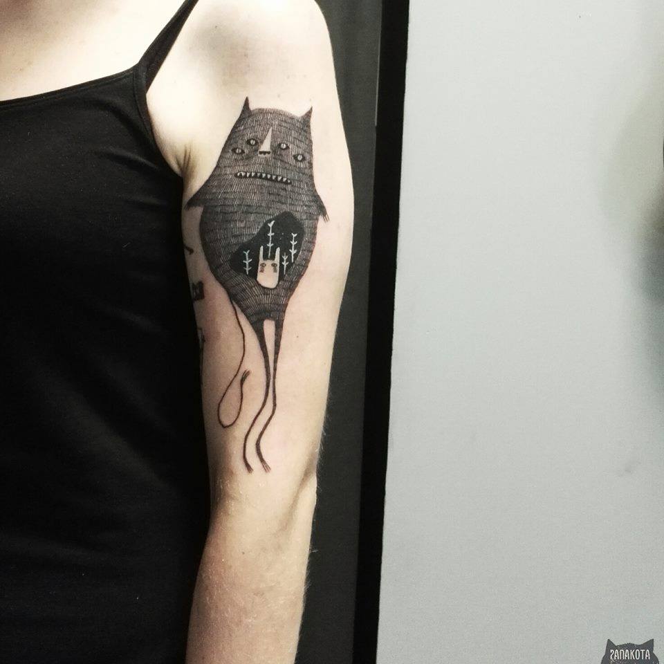 Black Ink Alien Cat Tattoo On Women Left Half Sleeve By Panakota