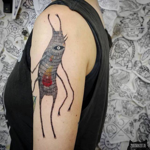 Black Ink Alien Tattoo On Left Half Sleeve