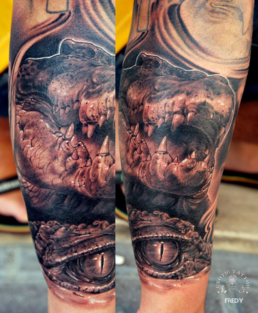 Black Ink Alligator Tattoo On Right Arm By Fredy