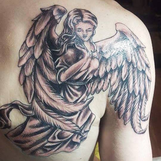 Black Ink Angel Tattoo On Right Back Shoulder
