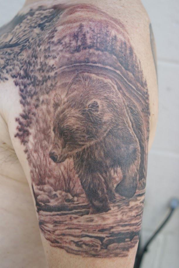 Black Ink Bear Tattoo On Left Half Sleeve By Tom Renshaw