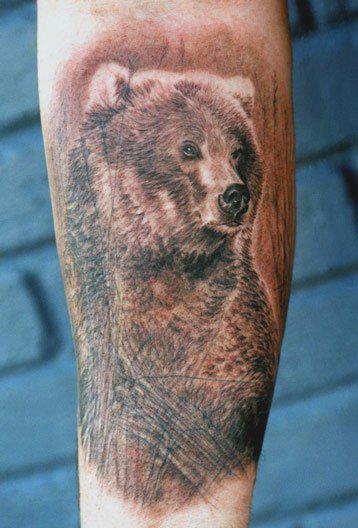 Black Ink Bear Tattoo On Right Forearm
