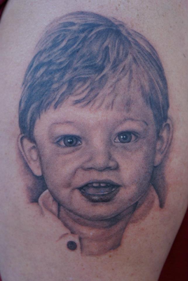 Black Ink Boy Portrait Tattoo Design For Half Sleeve By Tom Renshaw