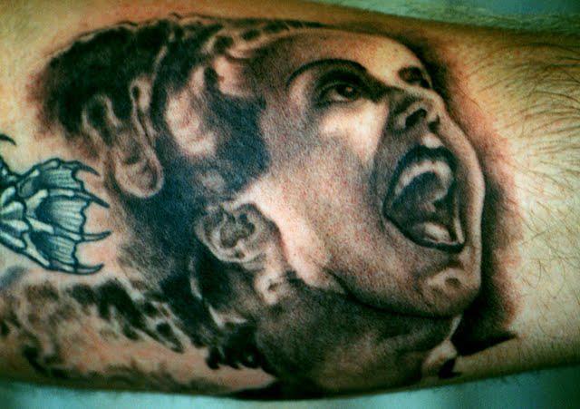 Black Ink Bride Of Frankenstein Head Tattoo On Sleeve
