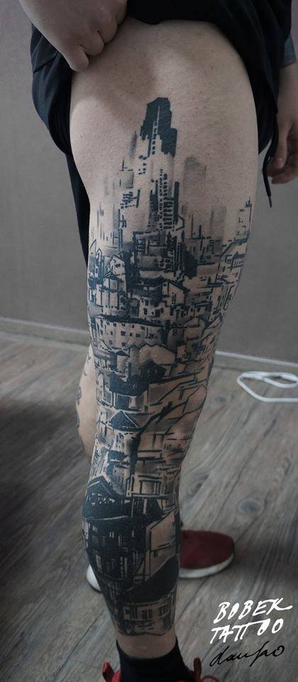 Black Ink Buildings Tattoo On Right Full Leg