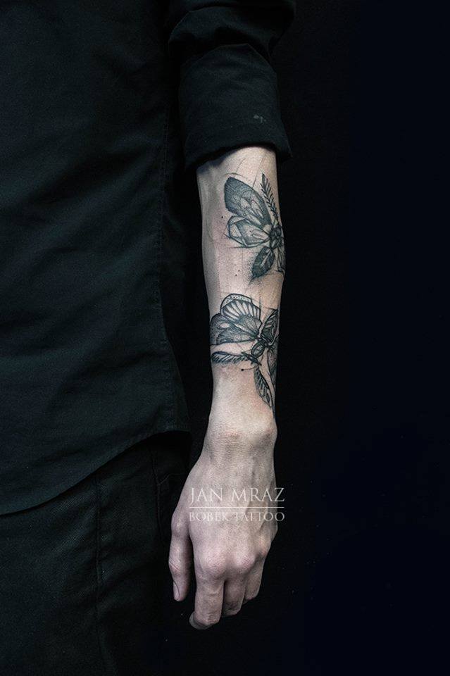 Black Ink Butterflies Tattoo On Left Hand