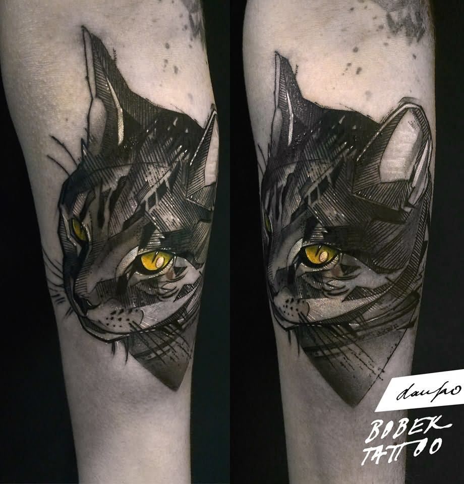 Black Ink Cat Head Tattoo On Forearm