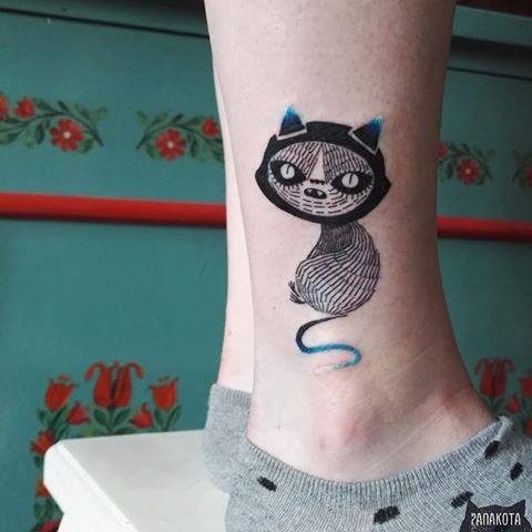 Black Ink Cat Tattoo On Right Ankle By Panakota