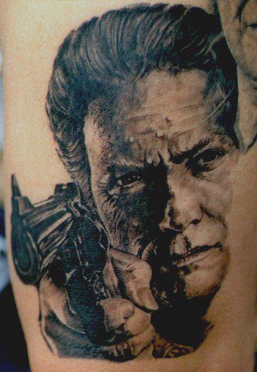 Black Ink Clint Eastwood With Gun Tattoo Design For Sleeve By Tom Renshaw