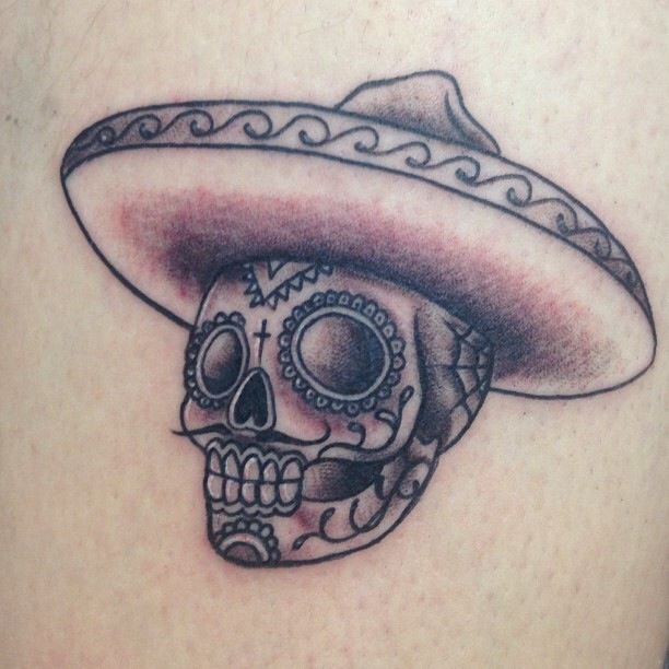 Black Ink Cowboy Hat On Sugar Skull Tattoo Design