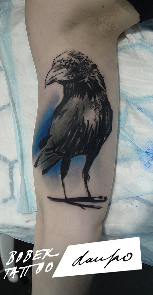 Black Ink Crow Tattoo On Half Sleeve