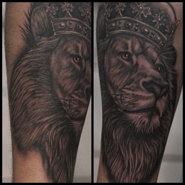 Black Ink Crown On Lion Head Tattoo Design For Forearm By Piglegion