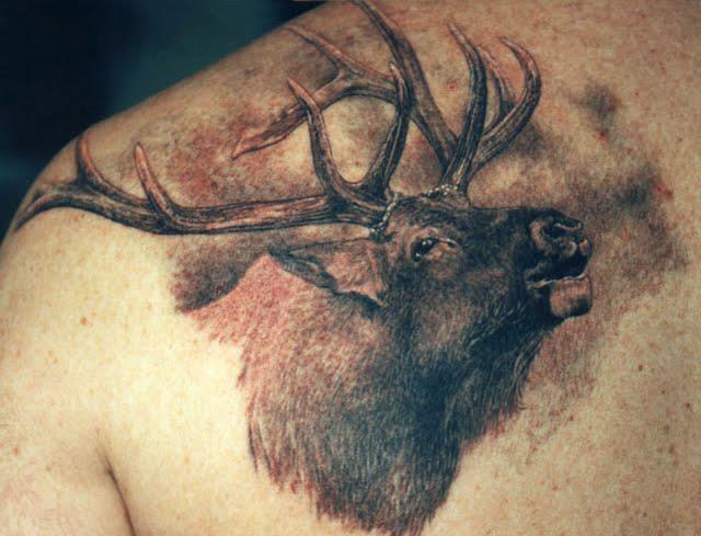 Black Ink Deer Head Tattoo On Left Back Shoulder